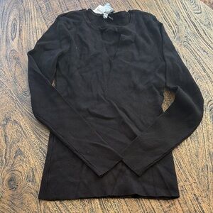 INC International Concepts Black Ribbed Long-Sleeve Top with V-Notch